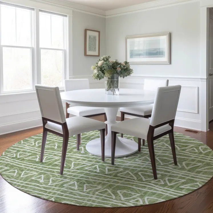 8' Green And Ivory Round Geometric Washable Indoor Outdoor Area Rug