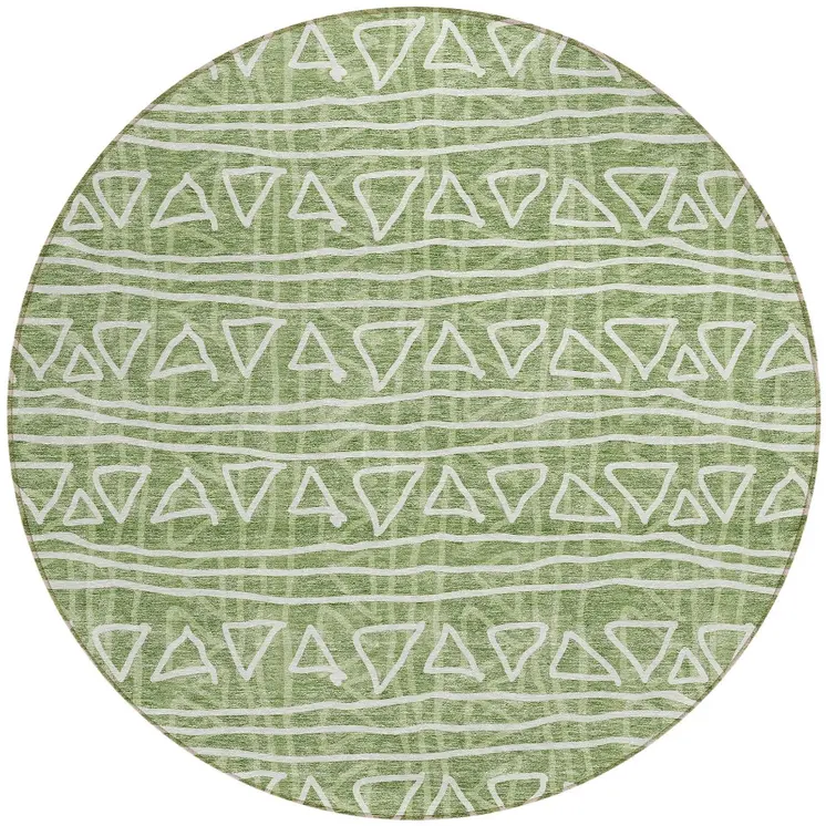 8' Green And Ivory Round Geometric Washable Indoor Outdoor Area Rug