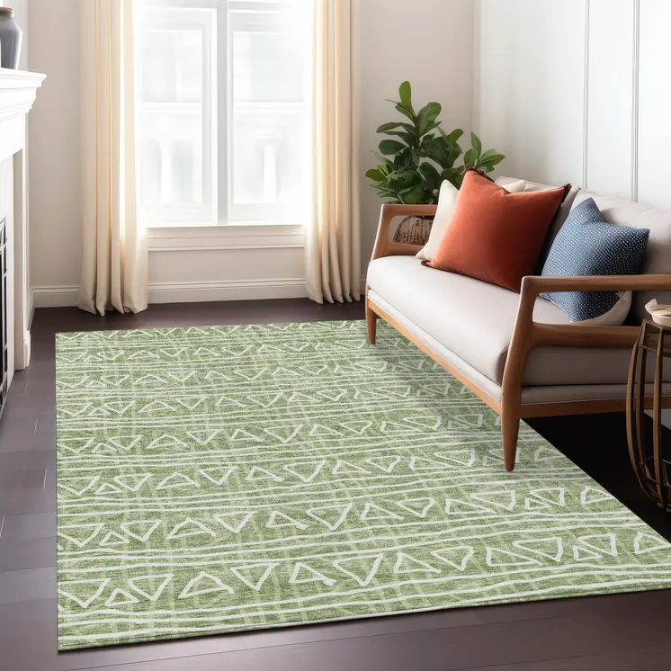 9' X 12' Green And Ivory Geometric Washable Indoor Outdoor Area Rug