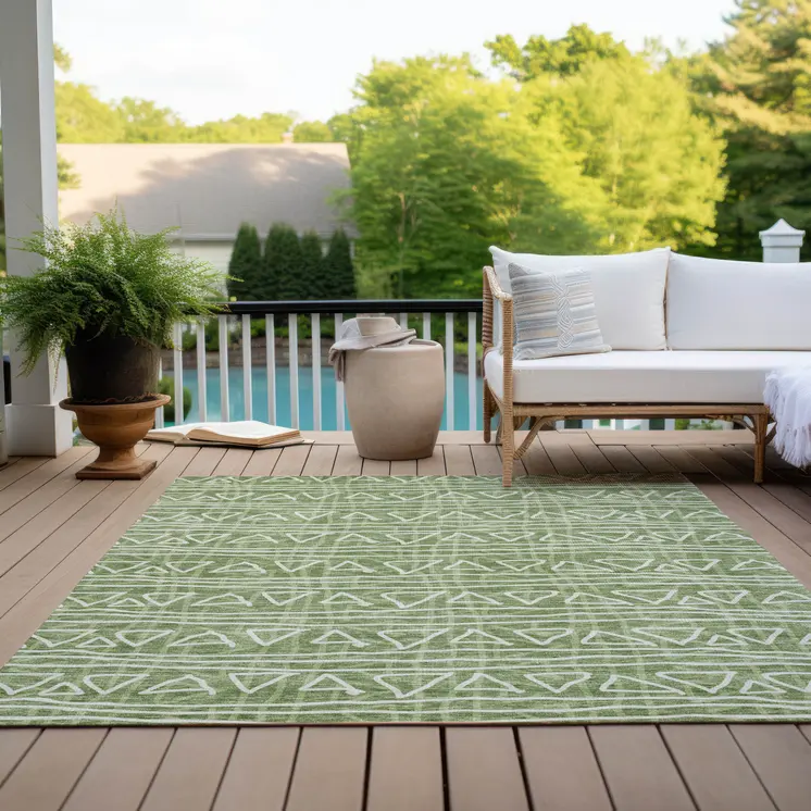 9' X 12' Green And Ivory Geometric Washable Indoor Outdoor Area Rug