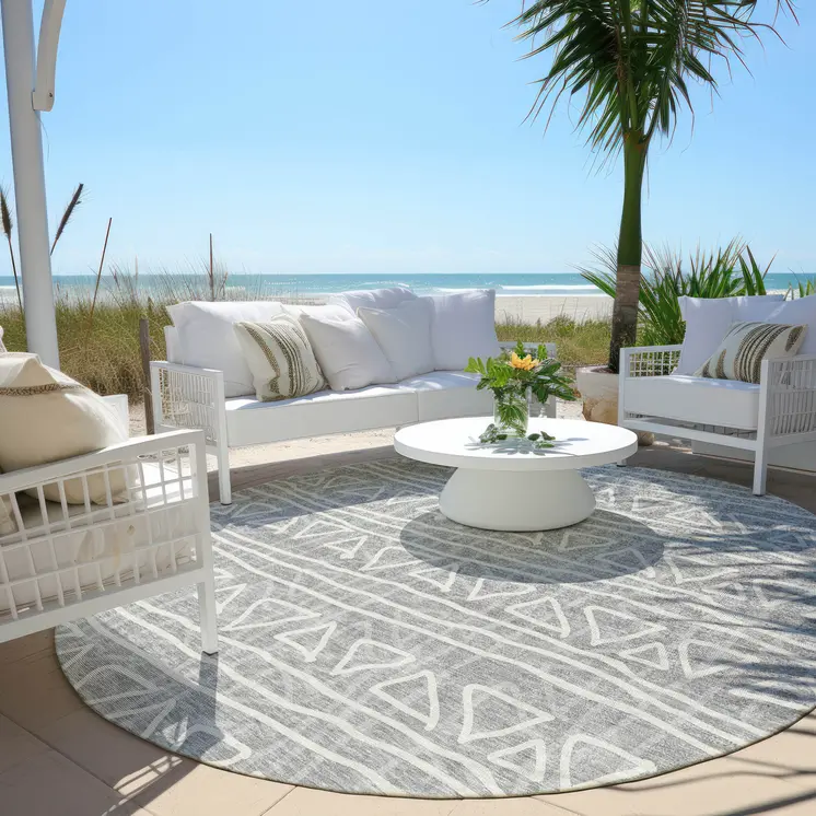 8' Gray Charcoal And Silver Round Geometric Washable Indoor Outdoor Area Rug