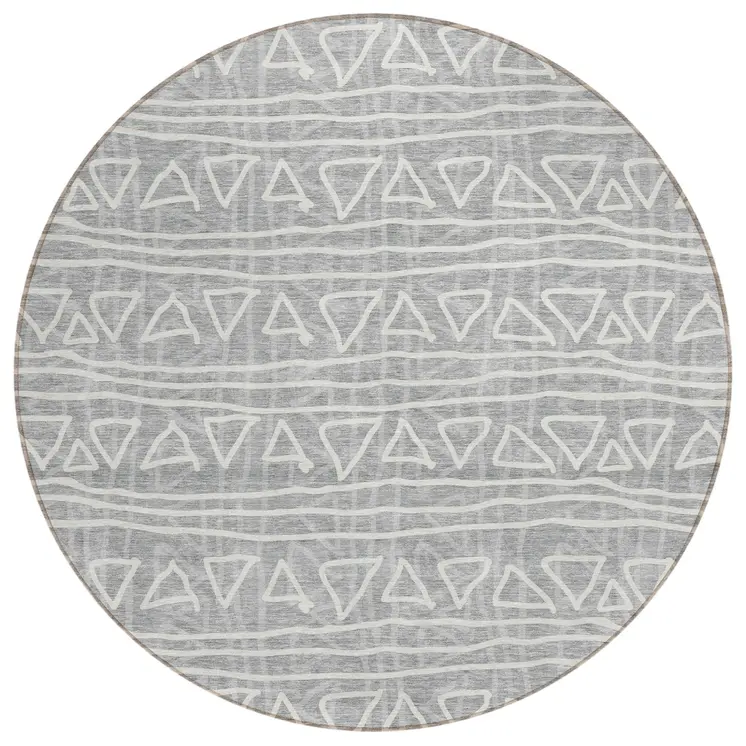 8' Gray Charcoal And Silver Round Geometric Washable Indoor Outdoor Area Rug