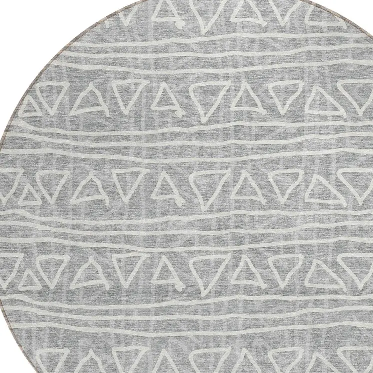 8' Gray Charcoal And Silver Round Geometric Washable Indoor Outdoor Area Rug
