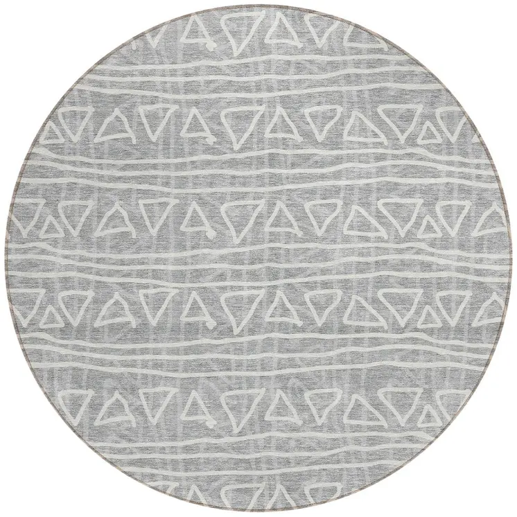 8' Gray Charcoal And Silver Round Geometric Washable Indoor Outdoor Area Rug