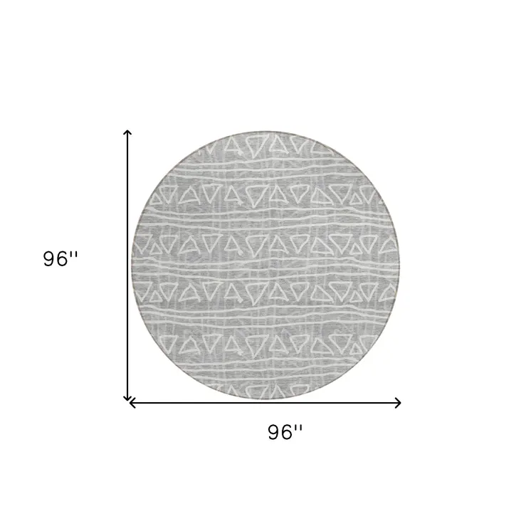8' Gray Charcoal And Silver Round Geometric Washable Indoor Outdoor Area Rug