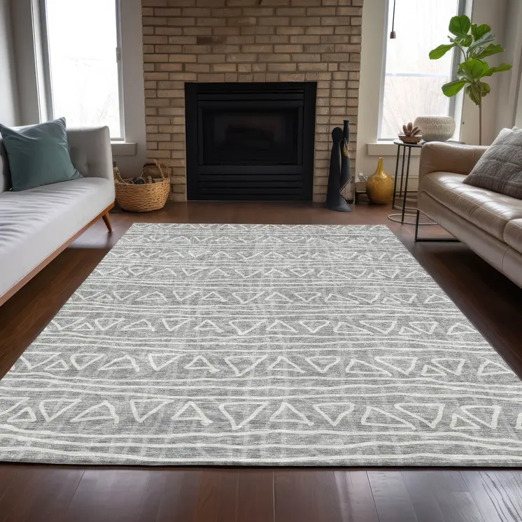 10' X 14' Gray Charcoal And Silver Geometric Washable Indoor Outdoor Area Rug