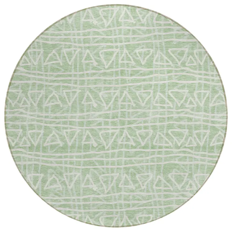 8' Mint Green Artichoke Green And Ivory Round Geometric Washable Indoor Outdoor Area Rug