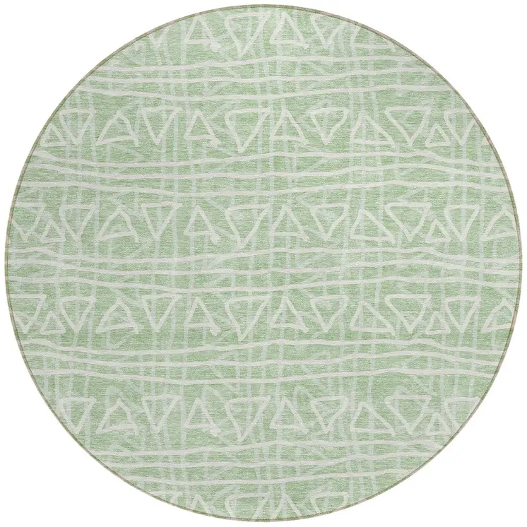 8' Mint Green Artichoke Green And Ivory Round Geometric Washable Indoor Outdoor Area Rug
