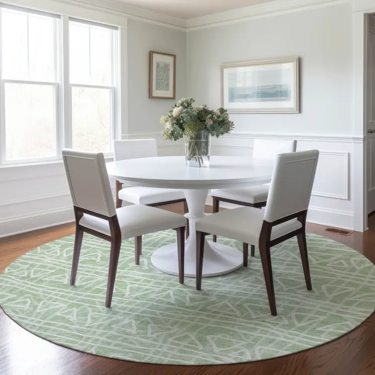 8' Mint Green Artichoke Green And Ivory Round Geometric Washable Indoor Outdoor Area Rug