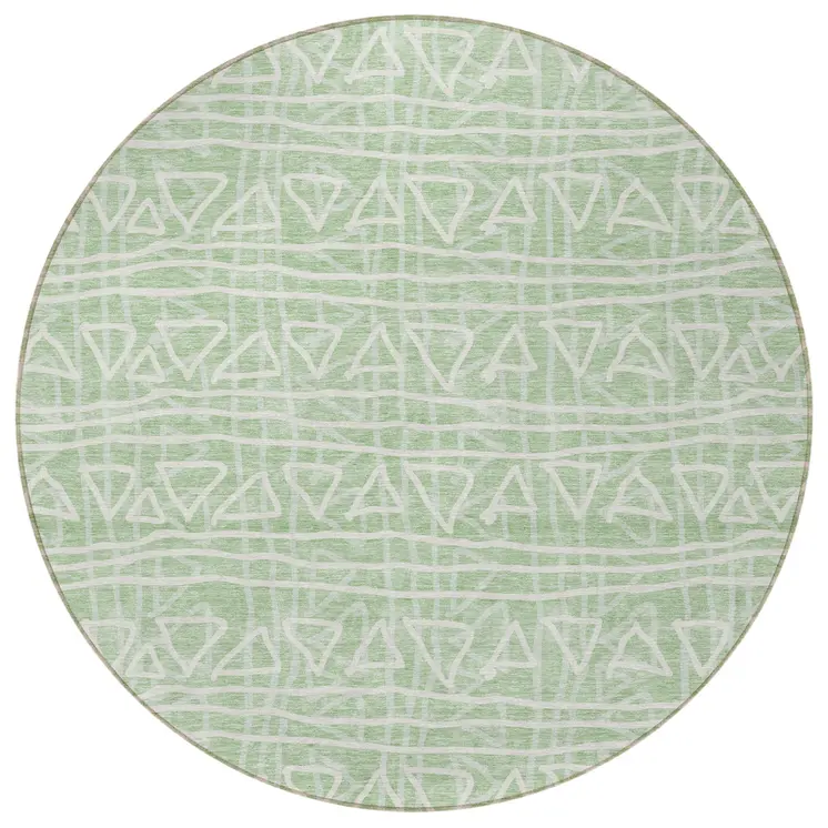 8' Mint Green Artichoke Green And Ivory Round Geometric Washable Indoor Outdoor Area Rug