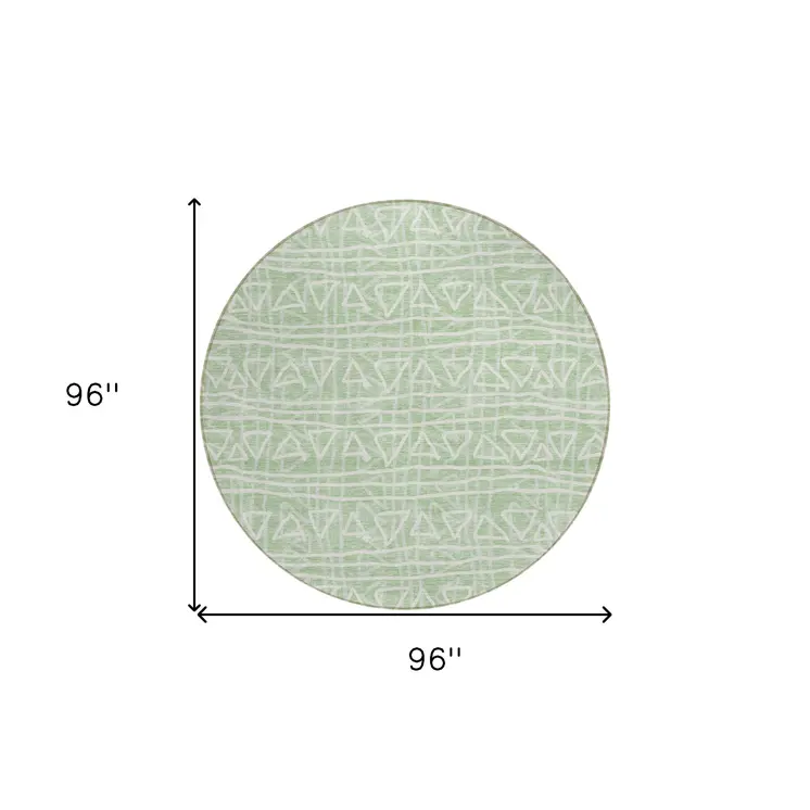 8' Mint Green Artichoke Green And Ivory Round Geometric Washable Indoor Outdoor Area Rug