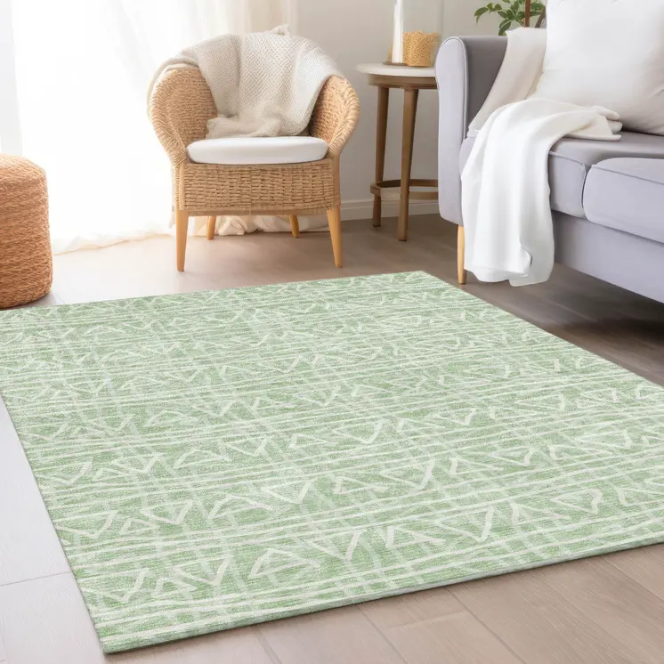 10' X 14' Mint Green Artichoke Green And Ivory Geometric Washable Indoor Outdoor Area Rug