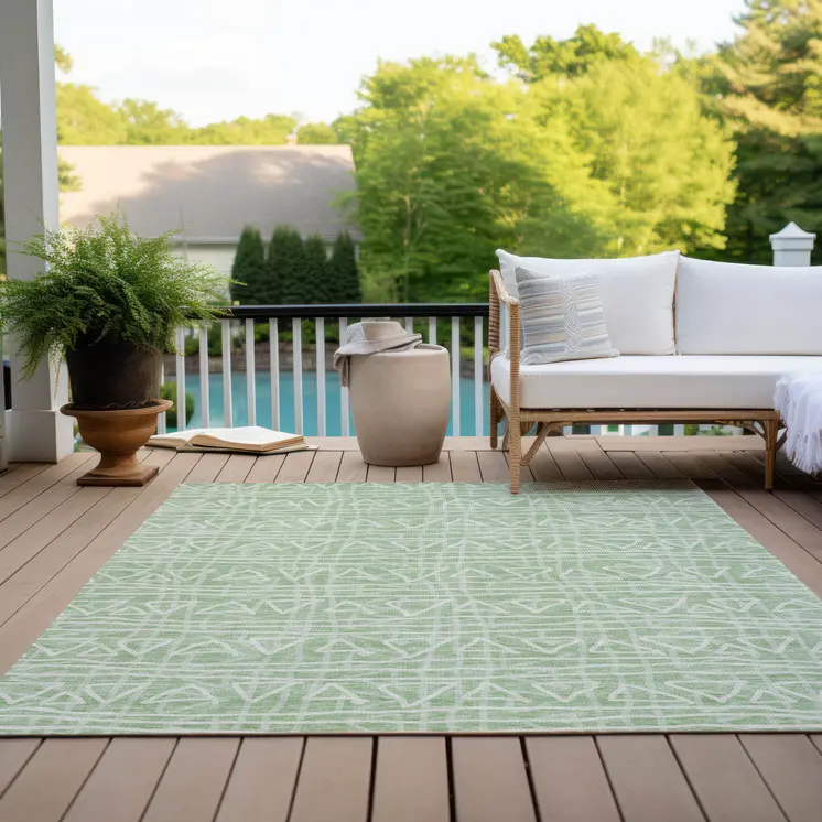 10' X 14' Mint Green Artichoke Green And Ivory Geometric Washable Indoor Outdoor Area Rug