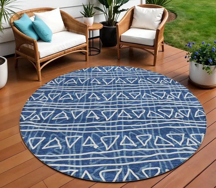 8' Navy Blue And Ivory Round Geometric Washable Indoor Outdoor Area Rug