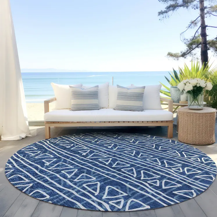 8' Navy Blue And Ivory Round Geometric Washable Indoor Outdoor Area Rug