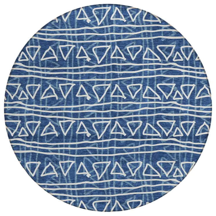 8' Navy Blue And Ivory Round Geometric Washable Indoor Outdoor Area Rug