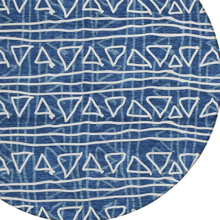 8' Navy Blue And Ivory Round Geometric Washable Indoor Outdoor Area Rug