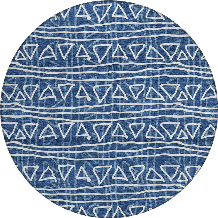 8' Navy Blue And Ivory Round Geometric Washable Indoor Outdoor Area Rug