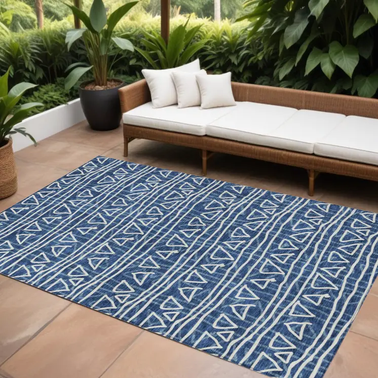 8' X 10' Navy Blue And Ivory Geometric Washable Indoor Outdoor Area Rug