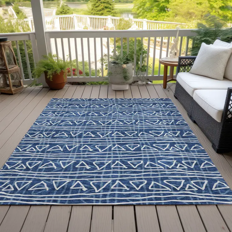 8' X 10' Navy Blue And Ivory Geometric Washable Indoor Outdoor Area Rug