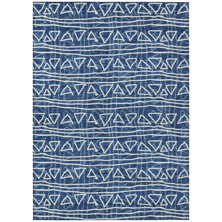 8' X 10' Navy Blue And Ivory Geometric Washable Indoor Outdoor Area Rug