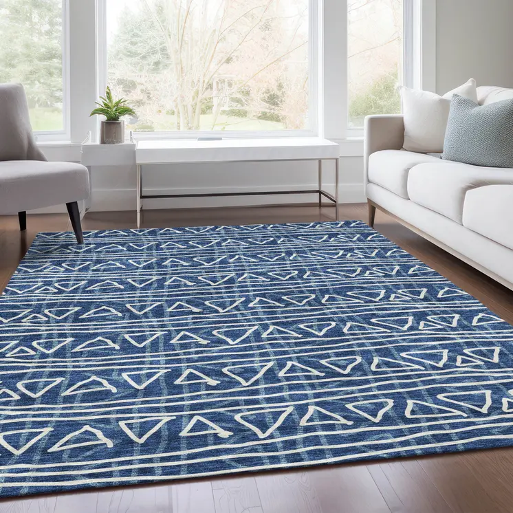 8' X 10' Navy Blue And Ivory Geometric Washable Indoor Outdoor Area Rug
