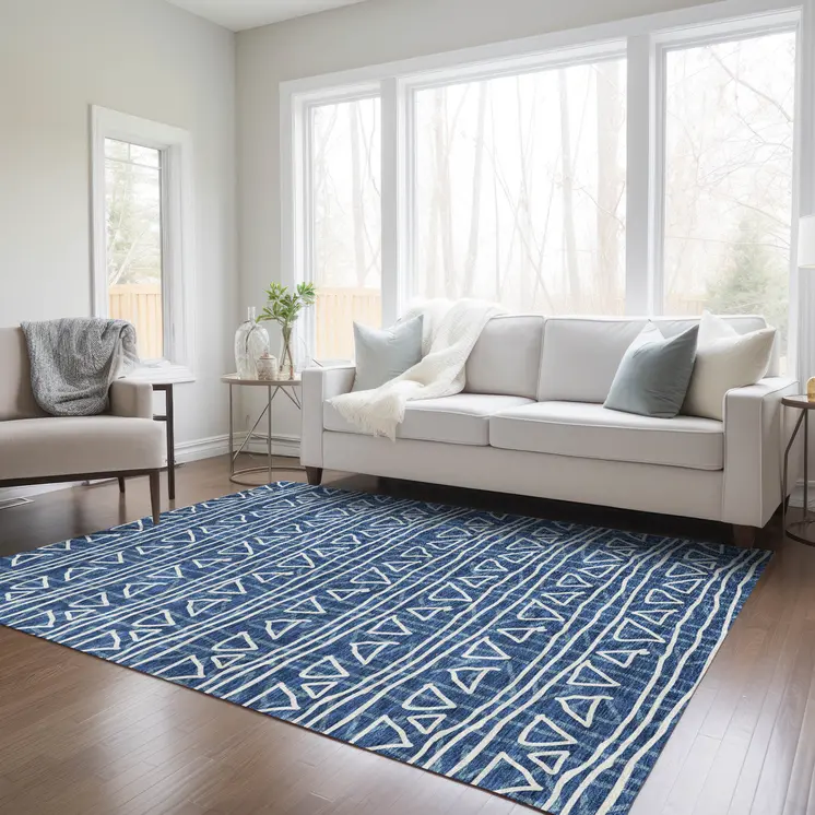 8' X 10' Navy Blue And Ivory Geometric Washable Indoor Outdoor Area Rug