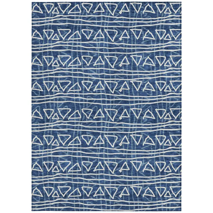 9' X 12' Navy Blue And Ivory Geometric Washable Indoor Outdoor Area Rug