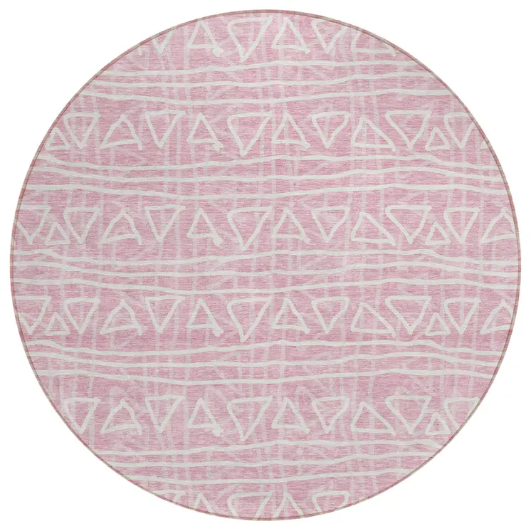 8' Pink And Ivory Round Geometric Washable Indoor Outdoor Area Rug