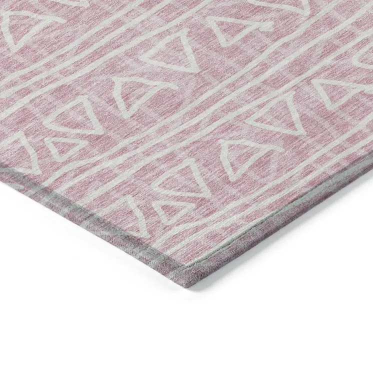 8' Pink And Ivory Round Geometric Washable Indoor Outdoor Area Rug