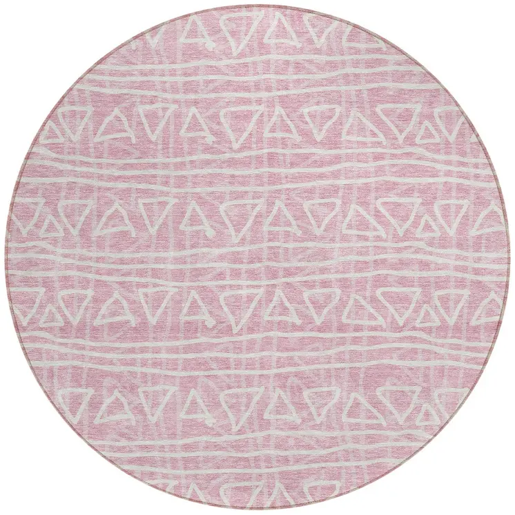 8' Pink And Ivory Round Geometric Washable Indoor Outdoor Area Rug
