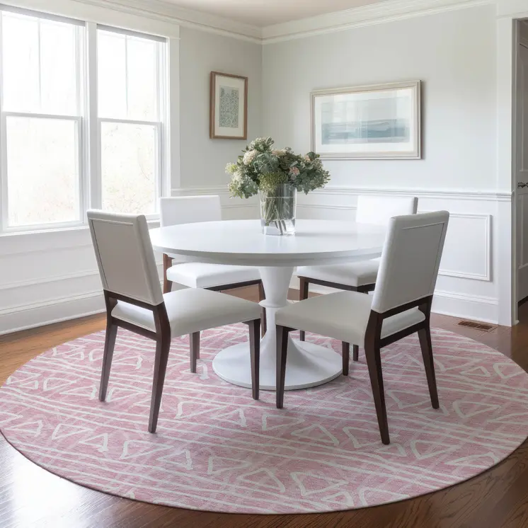 8' Pink And Ivory Round Geometric Washable Indoor Outdoor Area Rug