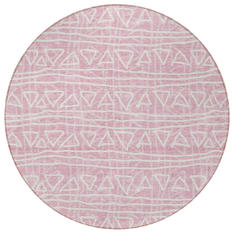 8' Pink And Ivory Round Geometric Washable Indoor Outdoor Area Rug