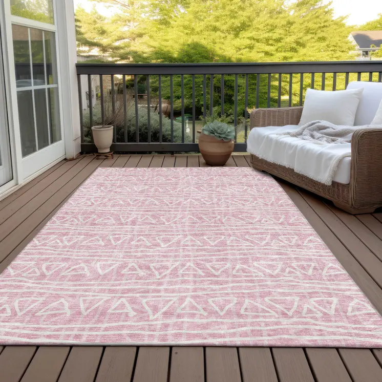 8' X 10' Pink And Ivory Geometric Washable Indoor Outdoor Area Rug