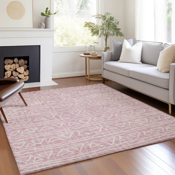 8' X 10' Pink And Ivory Geometric Washable Indoor Outdoor Area Rug