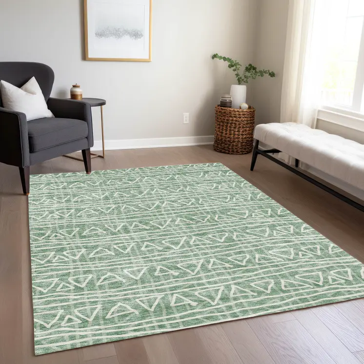 3' X 5' Sage Green And Ivory Geometric Washable Indoor Outdoor Area Rug