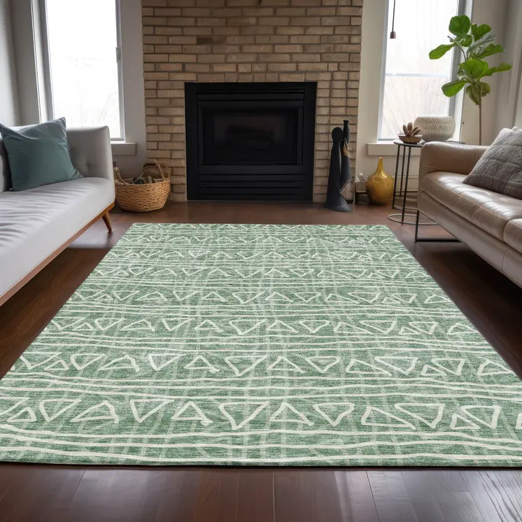 5' X 8' Sage Green And Ivory Geometric Washable Indoor Outdoor Area Rug