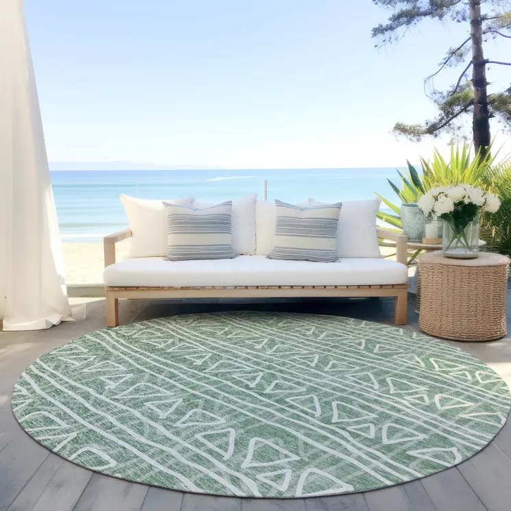 8' Sage Green And Ivory Round Geometric Washable Indoor Outdoor Area Rug
