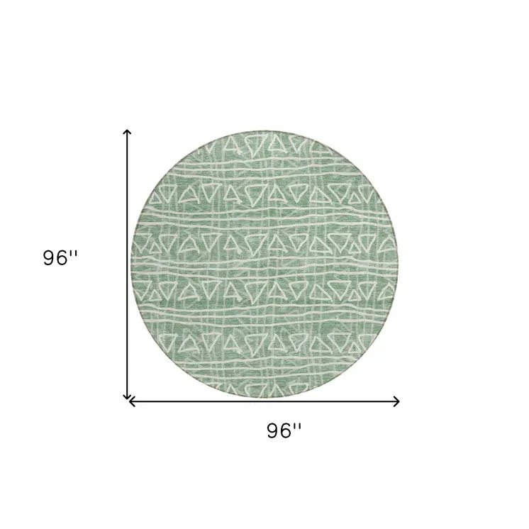 8' Sage Green And Ivory Round Geometric Washable Indoor Outdoor Area Rug