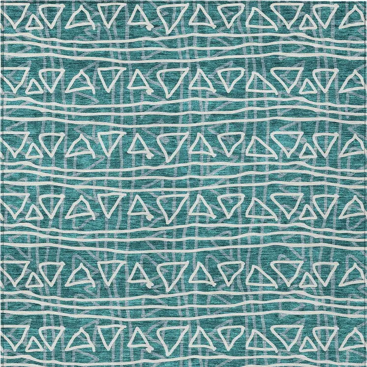 3' X 5' Teal Blue And Ivory Geometric Washable Indoor Outdoor Area Rug