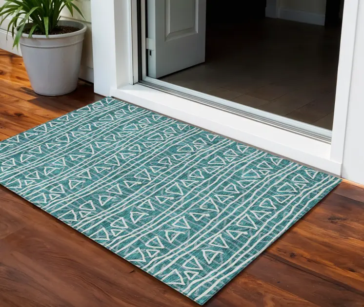 3' X 5' Teal Blue And Ivory Geometric Washable Indoor Outdoor Area Rug