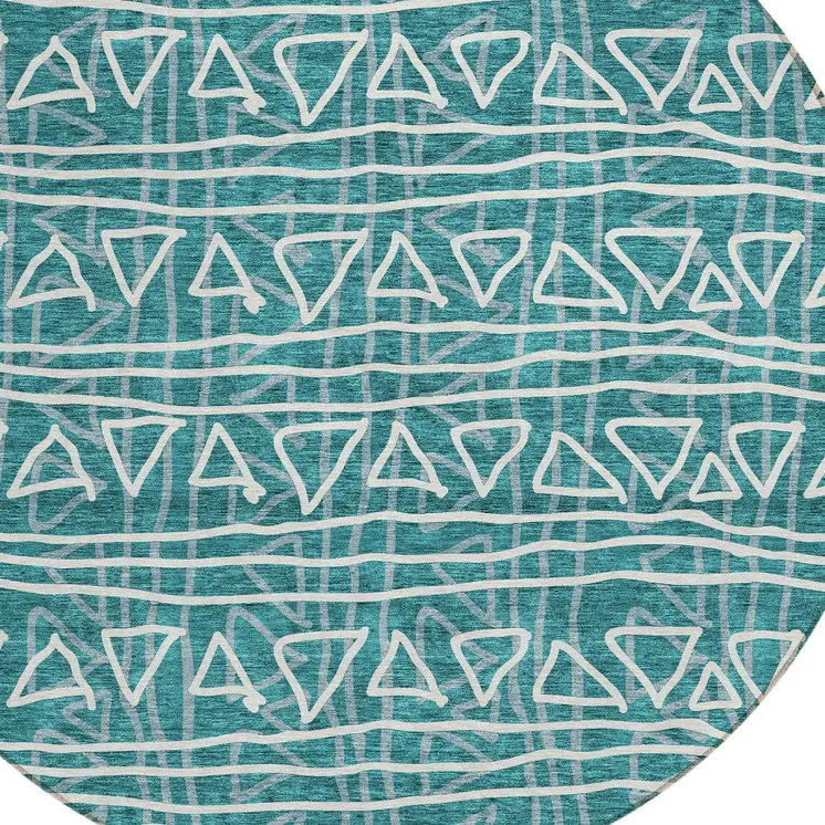 8' Teal Blue And Ivory Round Geometric Washable Indoor Outdoor Area Rug