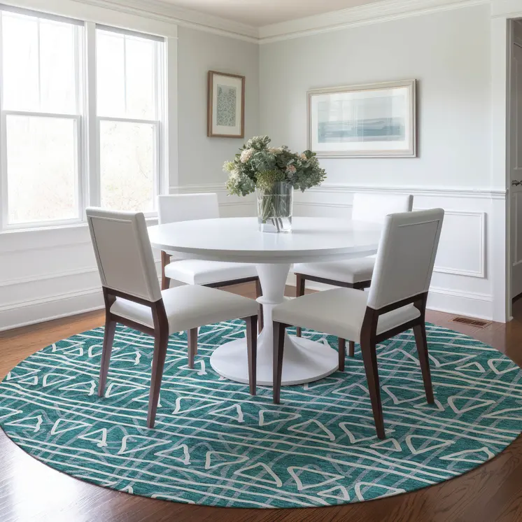 8' Teal Blue And Ivory Round Geometric Washable Indoor Outdoor Area Rug
