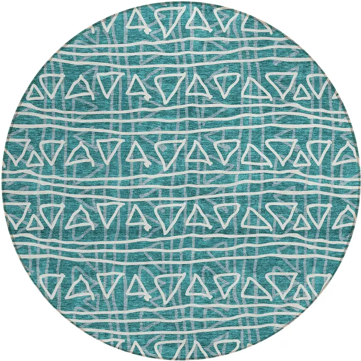 8' Teal Blue And Ivory Round Geometric Washable Indoor Outdoor Area Rug