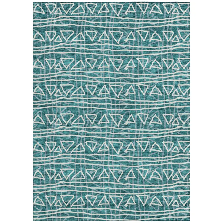 9' X 12' Teal Blue And Ivory Geometric Washable Indoor Outdoor Area Rug