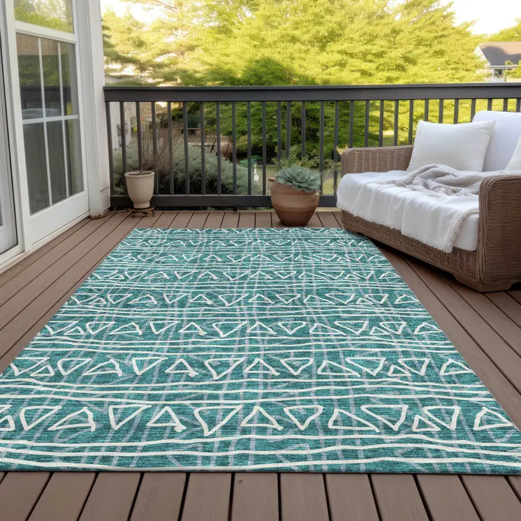 9' X 12' Teal Blue And Ivory Geometric Washable Indoor Outdoor Area Rug