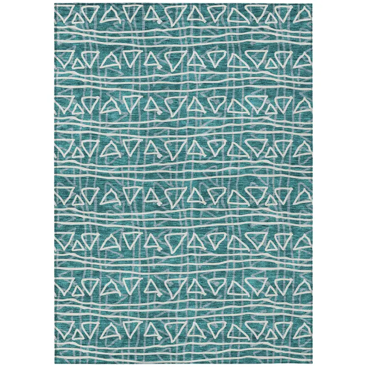 9' X 12' Teal Blue And Ivory Geometric Washable Indoor Outdoor Area Rug