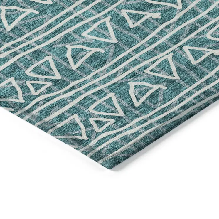 9' X 12' Teal Blue And Ivory Geometric Washable Indoor Outdoor Area Rug
