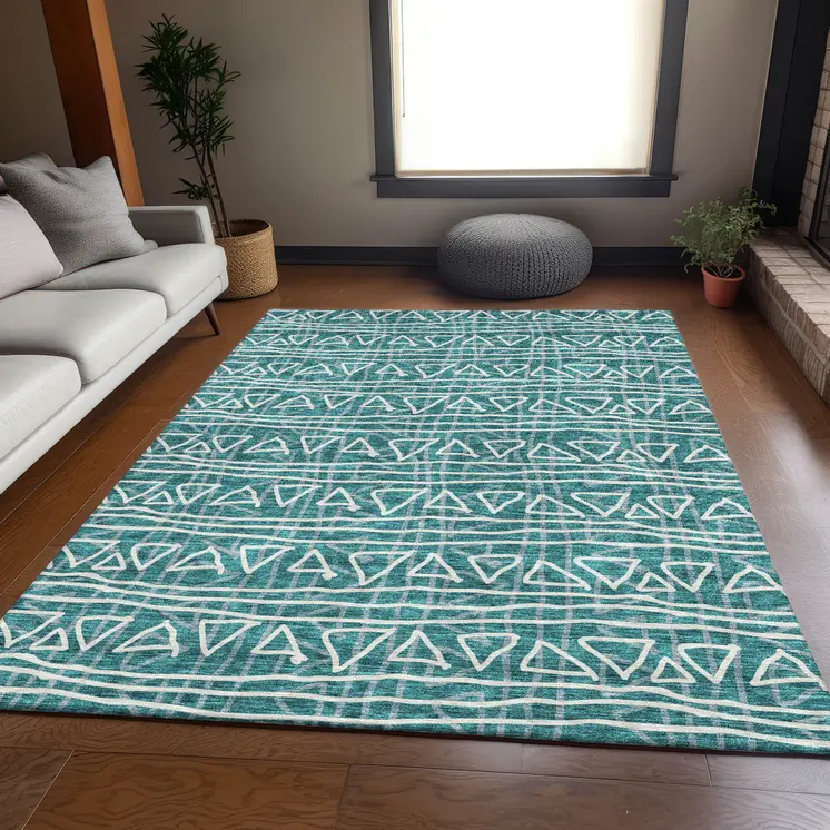 9' X 12' Teal Blue And Ivory Geometric Washable Indoor Outdoor Area Rug