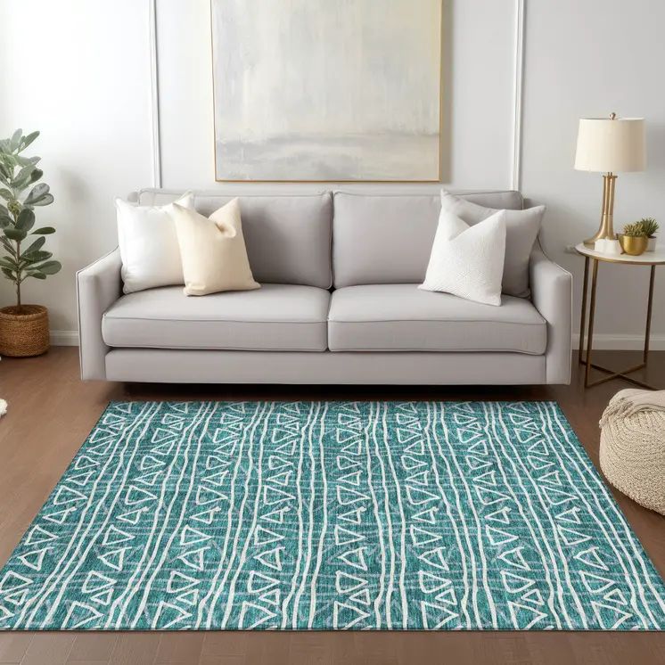 9' X 12' Teal Blue And Ivory Geometric Washable Indoor Outdoor Area Rug